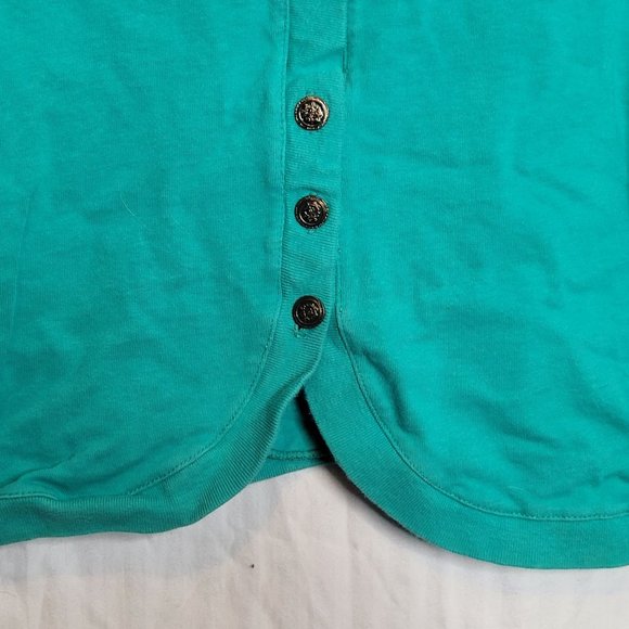 Vintage 80s Button Up Crop Top Short Sleeve Shirt Teal Green Shoulder Pads Large - Picture 6 of 10